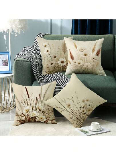 4pcs Botanical Floral Print Pillow Covers, Soft And Skin-Friendly, Beige Background With Dried Flowers, Reeds, And Daisies, Minimalist Elegant Atmosphere, Fits Sofa, Bedside, Car, Airbnb, Machine Washable, Essential For Nordic And Boho Home Decor, Adds Natural Gentle Vibe