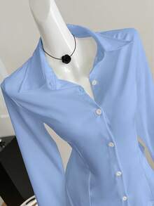 Women's Spring/Autumn New Slim Fit Long Sleeve Collared Button-Up Shirt, Minimalist Fashion Elegant Casual Essential - Baby Blue - View 8