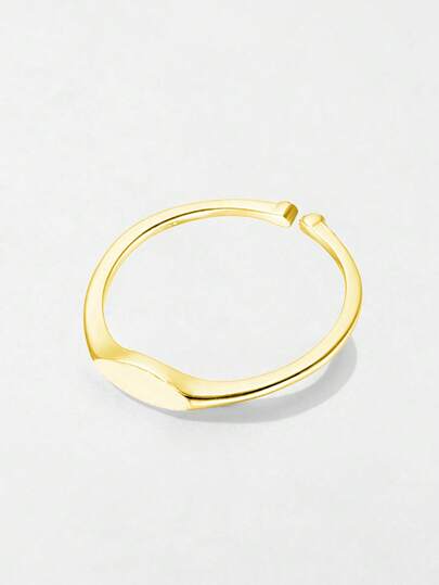 HuooNew 1pc 925 Sterling Silver Plated Gold Oval Open Ring, Adjustable Minimalist Stamp Style Bracelet Ring, Low Allergy Refined Golden Jewelry, Ideal Gift For Her