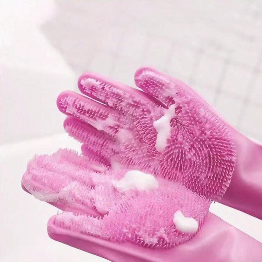 硅胶宠物洗澡手套，适用于猫、狗和其他宠物的实用美容工具。手套表面覆盖柔软的硅胶刷毛/按摩珠，可深层清洁宠物毛发，并在洗澡时提供按摩。 - 彩色 - 查看 1
