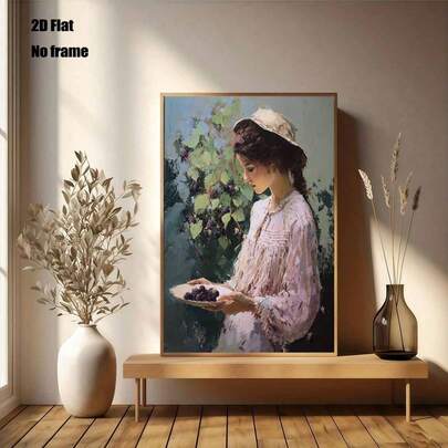 1개 전원 스타일 포도 걸 캔버스 그림, 벽 예술, 다양한 크기, 2D 플랫 캔버스 프린트 액자 홈 데코, 거실 침실 벽 장식, 휴일 선물에 적합