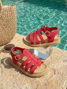 1 Pair Children's Summer Flat Sandals, Hollow Red Multi-Strap Vamp, Hook And Loop Closure, Gold Buckle Decor, Casual Beach Style Sandals Suitable For Vacation, Party, Daily Wear - Red - View 3