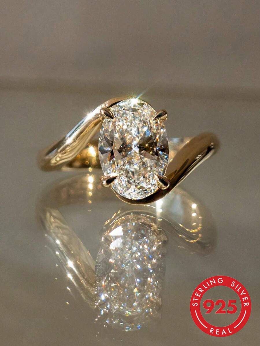 1pc 925 Sterling Silver Elegant Luxury Twisted Oval 2ct Cubic Zirconia Ring, Women's Party & Birthday Ring, Fashion Jewelry Gift
