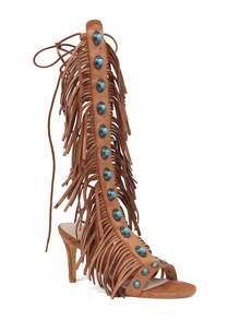 Women's Knee High Sandals High Heel Strappy Gladiator Shoes Fashion Fringe Tassels Lace-Up Sandalas Suede Open Toe With Stones Summer Shoes Beach Party Vacation Comfortable Shoes - màu nâu - Xem 3