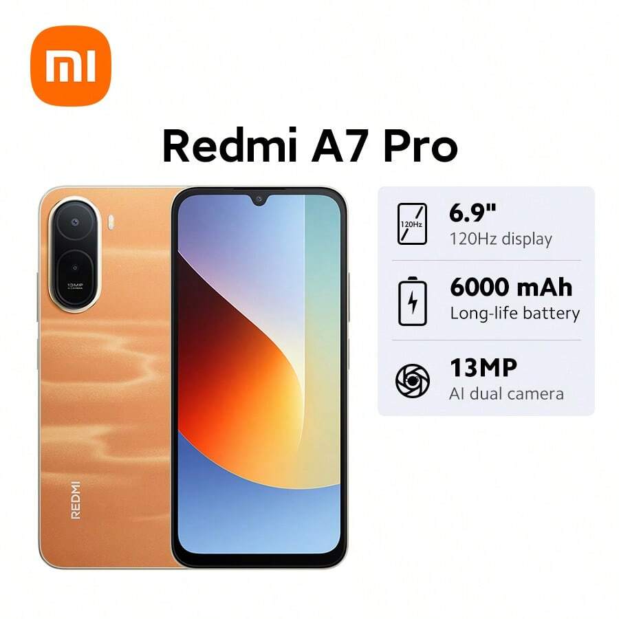 Xiaomi 小米 Redmi A7 Pro 全球版智能手机，搭载小米 HyperOS 3 系统，配备 6.9 英寸沉浸式 120Hz 高刷新率湿触技术 2.0，6000mAh 大容量电池，持久续航，强劲八核处理器，时尚精致设计，1300 万像素 AI 双摄像头，侧边指纹识别，AI 人脸解锁，双卡双待 + MicroSD 卡扩展，3.5mm 耳机孔，音量提升 200%。 - 橘色 - 查看 1