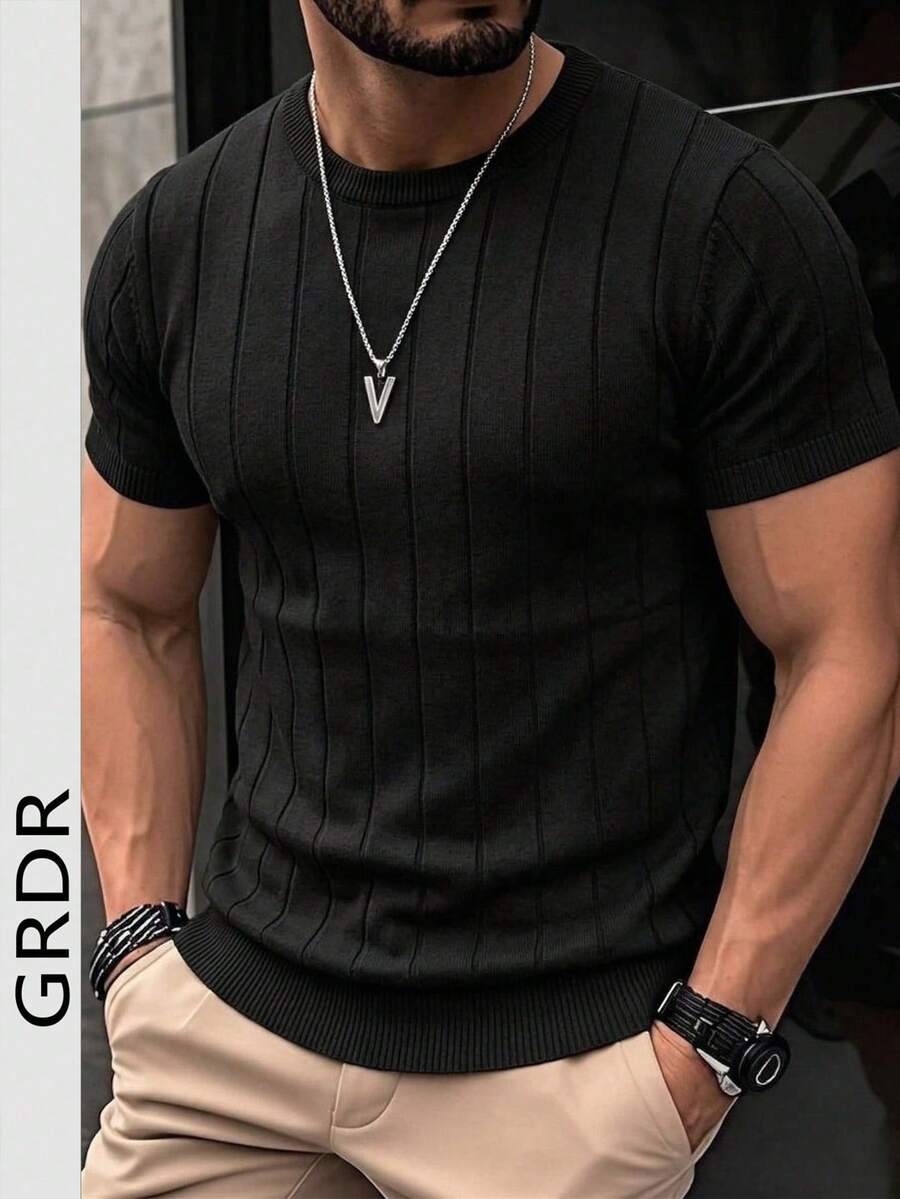 GRDR 男士夏季圆领罗纹针织短袖T恤，户外休闲装 - 黑色 - 查看 1