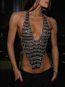 Women's Crystal Body Chain V Neck Halter Top Backless Beaded Bralette Body Jewelry Rhinestone Top For Party - màu đen - Xem 4
