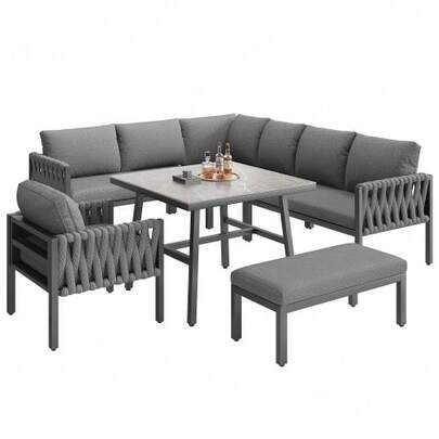 Garden Furniture Set, Rope Garden Furniture Set With Galvanized Iron Frame, Adjustable Legs, Corner Sofa, Table With Tempered Glass Top, Includes All Seat And Back Cushions, Grey.