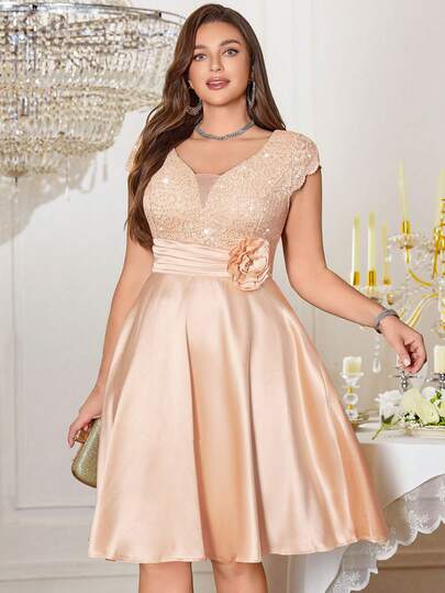 Vestido de bola elegante con cuello en V profundo, encaje floral con lentejuelas, volantes en la cintura con contraste de satén, para talla grande. Vestido para el Día de San Valentín, invitada de boda, baile de graduación, fiesta de té por la tarde, ceremonia de graduación.
