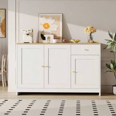 Kitchen Cabinet With Three Doors And One Drawer / Drawer Cabinet, Suitable For Living Room And Dining Room, In Natural Wood And White Color, Dimensions: 120x40x75 Cm.