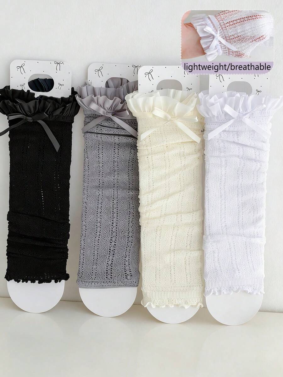 1/2/4 pares de calentadores de piernas finos y transpirables de malla hueca para mujer, calentadores de piernas con estilo Lolita Y2K con adorno de encaje con lazo, versátiles para primavera/verano - Multicolor - Ver 1
