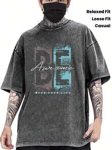Original Design Heavyweight 100% Cotton Vintage Washed T-Shirt - Distressed Retro Graphic Prin. - 黑色 - 查看 1