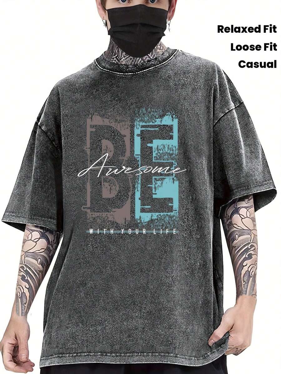Original Design Heavyweight 100% Cotton Vintage Washed T-Shirt - Distressed Retro Graphic Prin. - 黑色 - 查看 1