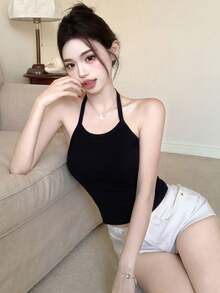 女士黑色露背吊带背心，夏季穿着，带胸垫，无袖 - 黑色 - 查看 6