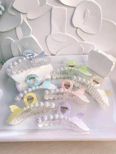 1 chiếc kẹp tóc hình đuôi cá đính ngọc trai acrylic sáng bóng, kiểu dáng giản dị, phụ kiện tóc hình cá mập nhiều màu sắc thanh lịch cho mùa hè.