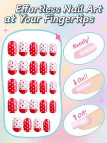 NAIO 24pcs Kids Press On Nails, Red White Polka Dot Full Cover False Nails For Colorful Full Cover Short False Nails For Girls, Cute Mixed Pattern Wearable Nail Kit With Storage Box & Nail File - Multicolor - View 2