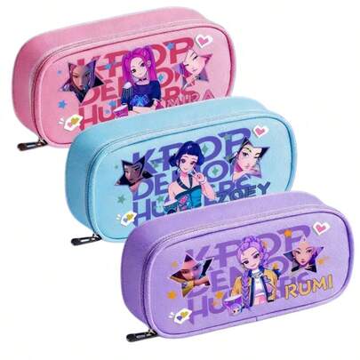 1pc K-Pop Cartoon Pencil Case, Double-Layer Large Capacity Stationery Box, High-Quality Pencil Bag With Cute Anime Witch Girl Lumi, Zoe, Mila Prints, Multi-Layer Zipper Pouch For Students, Teens, Women, Back To School Supplies, Office Desk Organizer, Ideal Gift For K-Pop Fans, Gamers And Friends