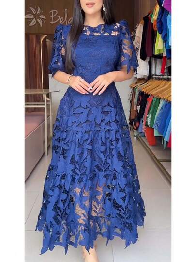 Women'S Summer New Lace Hollow Out Round Neck Long Dress High Waist Casual Commute Dress