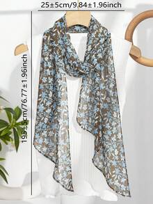 1pc Spring/Summer Minimalist Lightweight Floral Print Scarf, Coffee Blue, Polyester Fiber - Multicolor - View 2