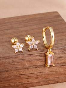 Bộ 3 bông tai hình hoa năm cánh màu hồng bằng thép không gỉ đính đá Zirconia, mạ vàng 18K, dành cho nữ, thích hợp đeo hàng ngày. - 3 chiếc màu vàng - Xem 3