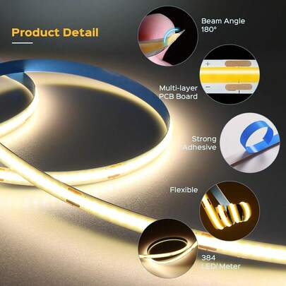 Dây đèn LED COB | Dây đèn LED dẻo có thể cắt, cấp nguồn USB, dài 2m/5m, ánh sáng ban ngày và trắng ấm (3000-6000K), thiết kế không chấm, thích hợp cho phòng ngủ, văn phòng, phòng khách để trang trí.