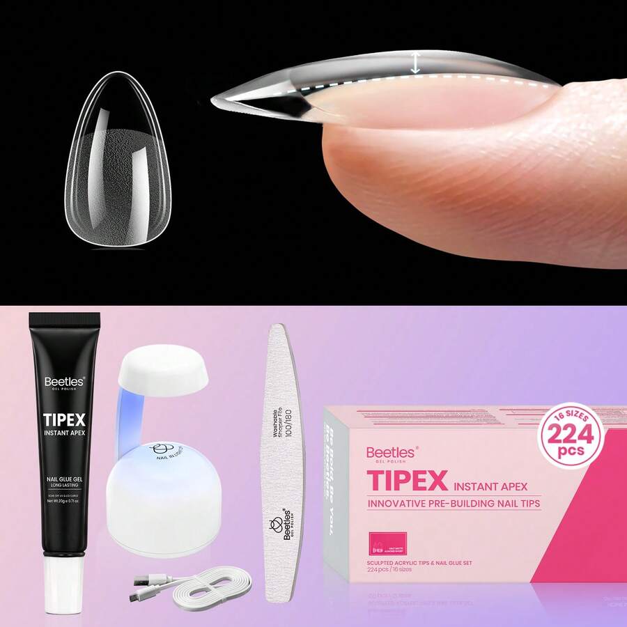 Beetles Tipex Lite Pre-Built Apex Nail Tips Kit, Stiletto Medium, With Tipex Nail Glue, All-In-One Gel Nail Kit - Almond Short 224pcs (Tipex Nail Kit) - 查看 1