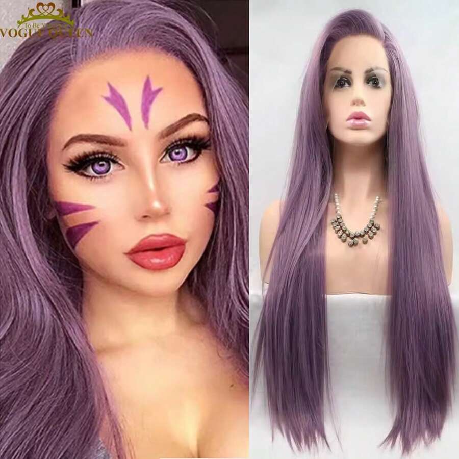 Blandad Lila Rakt Hår Syntetisk Peruk Silke Naturlig Rakt Limfri Spetsfront Peruk För Kvinnor Cosplay Makeup Användning - Multifärgad - Visa 1