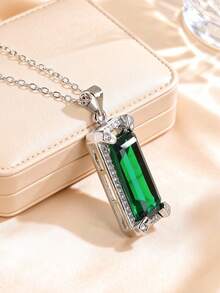 1 pieza Collar con colgante de plata S925 con rectángulo verde engastado, con diamante verde de corte central, estilo minimalista y elegante adecuado para uso diario y vestimenta de negocios ligera - Plateado - Ver 3