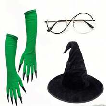 3件套成人巫师服装配饰，万圣节派对角色扮演套装，包括巫师帽和绿色爪手套 - 彩色 - 查看 7