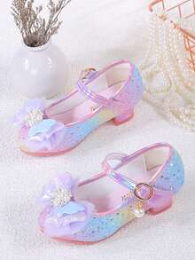 Shiny Rainbow Princess Girl's High Heels, Glittering Pink And Purple Formal Shoes With Pearl And Rhinestone Decor, Non-Slip Rubber Soles, Hook And Loop Closure, Suitable For Performance And Party - Purple - View 2