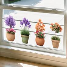 1pc European Style Potted Artificial Green Plant Sticker, Lavender & Rose Combination, Self-Adhesive, Decorate Window Sill With Cozy Atmosphere - Multicolor - View 3