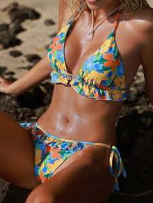 Swim Mod Women's Swimsuit, Two-Piece Bikini Set With Halter Neck, Ruffles And Bow In Solid Color For Summer - 多色 6 - 查看 3