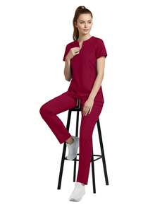 2pcs/Set Women Nurse Scrub Set, Top + Pants With Pockets, /Surgery Room/Beauty Salon Work Wear Spring Red - Red - View 6