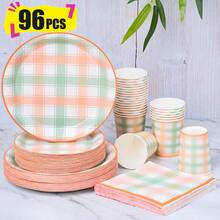 Bộ đĩa, khăn ăn và cốc dùng một lần kẻ caro vàng và xanh lá cây, phục vụ 24 người, đồ dùng tiệc bằng giấy dùng một lần phù hợp cho sinh nhật, đám cưới, tiệc tùng, dã ngoại gia đình. - Kiểu 4 - Xem 1