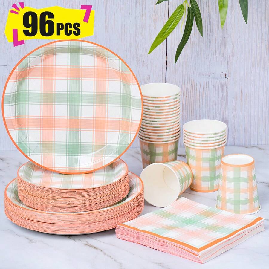 Bộ đĩa, khăn ăn và cốc dùng một lần kẻ caro vàng và xanh lá cây, phục vụ 24 người, đồ dùng tiệc bằng giấy dùng một lần phù hợp cho sinh nhật, đám cưới, tiệc tùng, dã ngoại gia đình. - Kiểu 4 - Xem 1