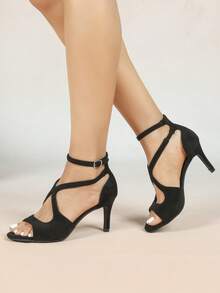 Sandalias de tacón romano de gatito de tacón alto, cómodas y de moda para fiesta de noche y vacaciones, con tiras nude - Negro - Ver 4