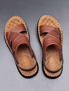 男鞋，休闲凉鞋，春夏新款男士凉鞋，沙滩鞋，皮凉鞋 - 棕色 - 查看 3