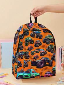 1 Peça Mochila Multibolso com Estampa de Carro Cartoon, de Grande Capacidade, Durável, Versátil, de Alta Qualidade, com Fechamento de Zíper, Adequada para Meninos e Meninas, Ótima para Escola e Atividades ao Ar Livre - Multicolorido - Visão 3