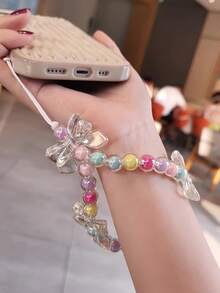Bow Knot Phone Lanyard Wrist Strap Short Chain Pendant, Crystal Beaded Charm Accessory, Universal - Multicolor - View 7