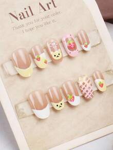 30pcs Super Short Oval Nail Stickers, Cute Cartoon Patterns, Reusable For Daily Wear, Suitable For Parties. Includes 1pc Jelly Gel And 1pc Nail Sticker Strip Press On Nails - Multicolor - View 2