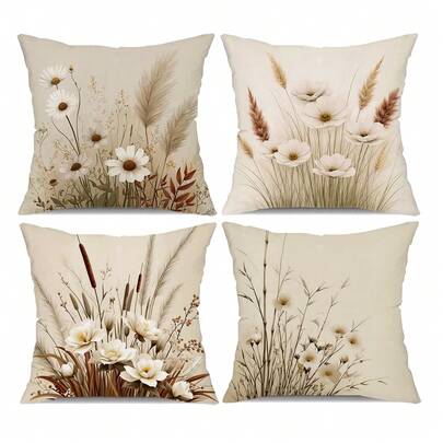 4pcs Botanical Floral Print Pillow Covers, Soft And Skin-Friendly, Beige Background With Dried Flowers, Reeds, And Daisies, Minimalist Elegant Atmosphere, Fits Sofa, Bedside, Car, Airbnb, Machine Washable, Essential For Nordic And Boho Home Decor, Adds Natural Gentle Vibe