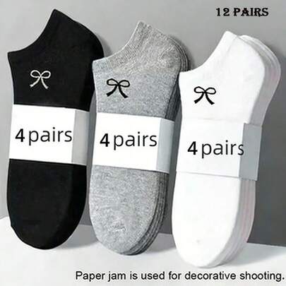 12 Pairs Women's Bow Tie Low-Cut Invisible Socks, Casual Daily Wear, Cute Minimalist Design, Comfortable Soft Breathable Loafer Socks