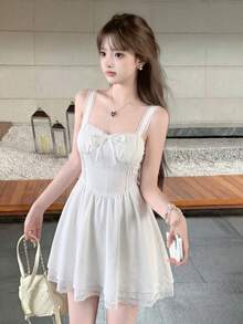 Đầm hai dây màu trắng ngọt ngào mùa hè dành cho nữ, thiết kế nơ, eo thắt, chân váy xòe bồng bềnh kiểu công chúa, thanh lịch. - trắng - Xem 3