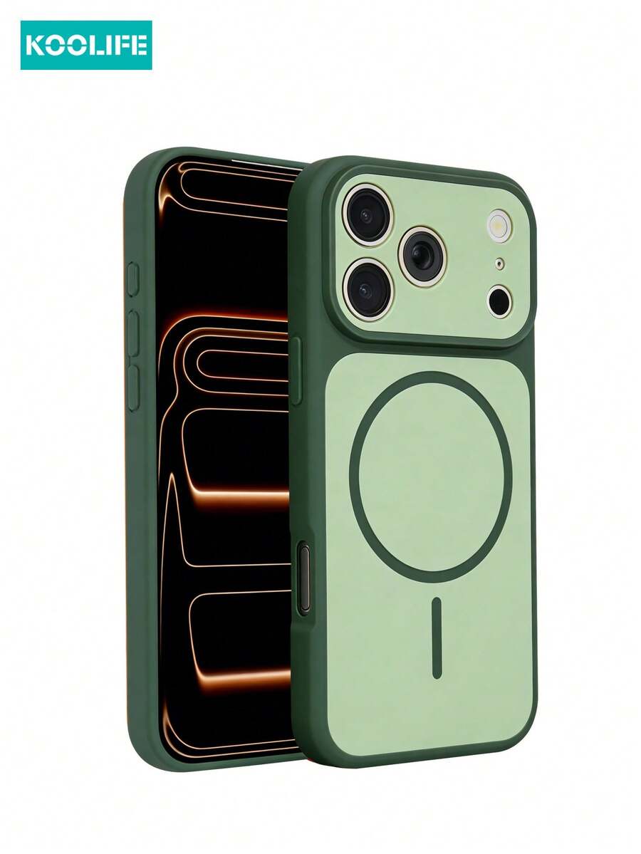 Magnetic Koolife 1pc Color Block Magnetic Case, PC+TPU, Precise Cutout, Slim Ring Magnet, Two-Tone Design, Full Body Shockproof Cover, Compatible With Apple 17/17Pro/17ProMax - Green - View 1