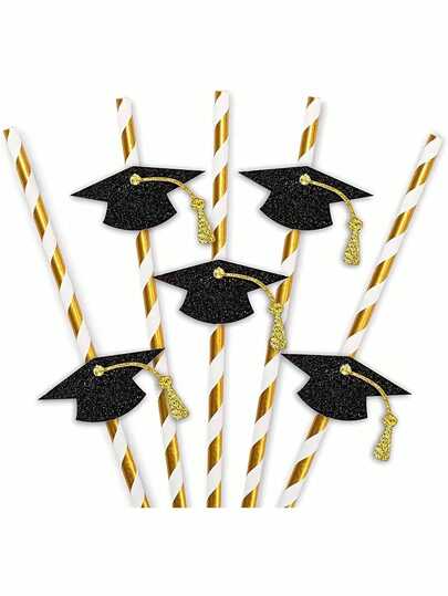 12pcs Elegant Graduation Cap Gold Foil Decorated Paper Straws - Disposable, Suitable For Graduation Party Juice, Milkshake, Cocktail, Holiday Beverage Accessories, Shiny Graduation Cap Fashionable Cocktail Straws, Graduation Party Decor