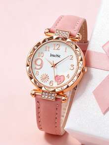 6pcs/Set Cute Pink Strap PU Leather Quartz Watch, Heart Bracelet Jewelry Set, Suitable For Birthday Gift, - Pink - View 2