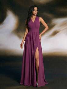 Smilprince Đầm phù dâu dài không tay xếp ly, cổ chữ V, chất liệu vải dệt, thanh lịch dành cho nữ. - Màu Hồng Tươi - Xem 3