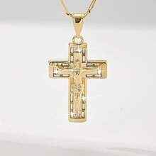 1pc Vintage Style Shiny Copper Zirconia Inlaid Small Jesus Cross Pendant Necklace, Fashionable & Simple, Comes With Luxury Gift Box, Suitable For Christmas/Thanksgiving/Halloween/Mother's Day/Valentine's Day, Catholic First Communion, Daily & Holiday Wear - Yellow Gold - View 13