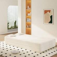Modern Floor Sofa With 2 Pillows Convertible Teddy Fabric Foam-Filled Sleeper Sofa Bed 15" Twin Size Folding Mattress For Living Room Guest Bed Playroom No Assembly Required Beige/White - 雙人床尺寸 + 泰迪熊 + 米色/白色1 - 查看 4