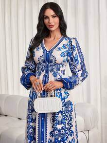 女士新款优雅蓝白提花修身连衣裙 - 迷人V领，泡泡长袖，适合日常穿着、时尚派对、优雅晚宴、婚礼、活动和海滩春季装扮 - 淺藍色 - 查看 7